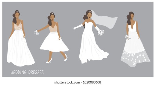 cute Black bride Illustration. Bride in different elegant and glamour dresses, isolated in vector. Fashion cartoon illustration