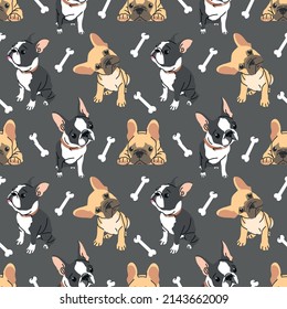 CUTE BLACK AND BROWN FRENCH BULLDOG PUPPY WITH BONES IN BLACK BACKGROUND SEAMLESS PATTERN DESIGN.