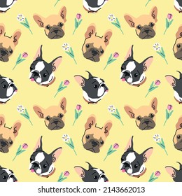 CUTE BLACK AND BROWN FRENCH BULLDOG HEAD WITH FLOWER. FLAT SEAMLESS PATTERN DESIGN.