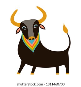 cute black bull with colored scarf isolated on white background, vector illustration, cartoon animal