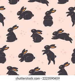 Cute black bunnies seamless pattern. Animal, hare. Year of the Rabbit. Chinese New Year symbol. Hand drawn vector illustration