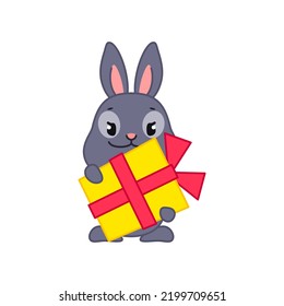 Cute Black Bunny With A Gift. Flat Cartoon Illustration Of A Happy Little Rabbit Hugging A Big Gift Box Isolated On A White Background. Vector 10 EPS.