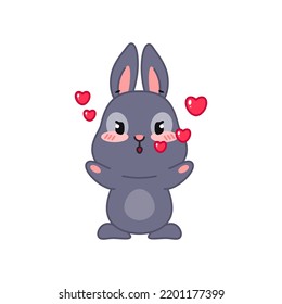 Frisch schwarzes Hase in Liebe. Flache Cartoon-Illustration eines lustigen kleinen Kaninchens, das einen Kuss zuschlägt, einzeln auf weißem Hintergrund. Vektor 10 EPS.