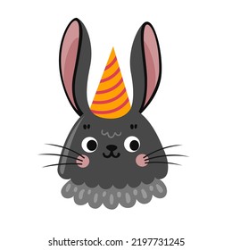 Cute black bunny in party hat cartoon character. Bunny portrait, face, head, avatar. Hare flat vector illustration.