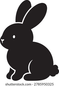 Cute black bunny silhouette vector illustration. A sitting rabbit with big rounded ears and a tiny cottontail, friendly minimal style, isolated on a white background. Perfect for Easter designs, nursery decor, logos, stickers, and T‑shirt graphics. Fully scalable, editable EPS.