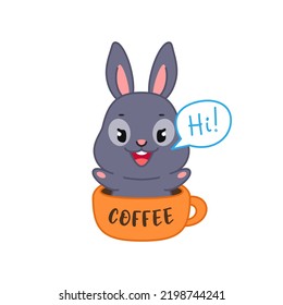 Cute black bunny sitting in a cup. Flat cartoon illustration of a funny little rabbit with coffee mug and speech bubble "Hi!" isolated on a white background. Vector 10 EPS.