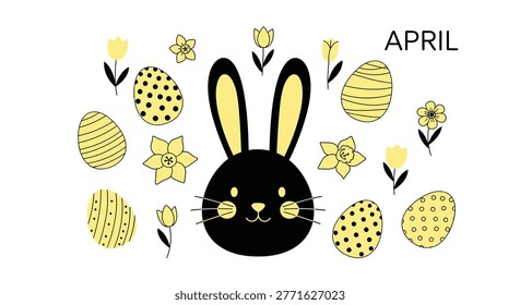 Cute black bunny surrounded by yellow Easter eggs, tulips, daffodils, and the word 