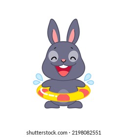 Cute black bunny with swimming ring. Flat cartoon illustration of a happy little rabbit relax on water isolated on a white background. Vector 10 EPS.