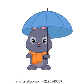 Cute black bunny under an umbrella. Flat cartoon illustration of a little rabbit in rainy weather isolated on a white background. Vector 10 EPS.