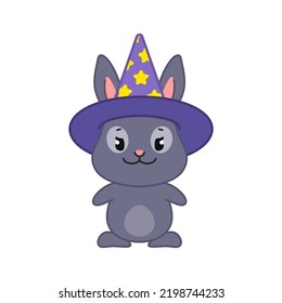 Cute black bunny with a wizard hat. Flat cartoon illustration of a little rabbit dressed witch costume isolated on a white background. Vector 10 EPS.