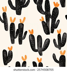 Cute black cactus with orange flower seamless watercolor pattern on cream white background. Flower vector illustration. Watercolor print in rustic vintage style, textile or wallpapers.