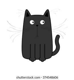 Cute black cartoon cat. Big mustache whisker. Funny character. Flat design. White background. Isolated. Vector illustration