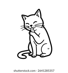 Cute black cartoon cat licking its paw, perfect for Halloween and seasonal illustrations on white with png file.