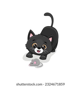 Cute black cartoon cat looking at mouse isolated on a white background. Vector illustration