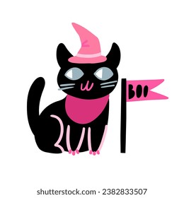 Cute black cartoon cat with a pink hat and a Boo flag. Halloween symbol. Funny character. Happy Halloween