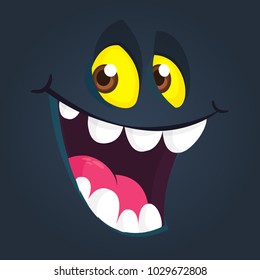 Cute black cartoon monster face smiling. Vector Halloween  monster avatar laughing. Design for print, children book, party decoration