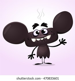 Cute black cartoon monster. Halloween vector monster character with big ears waving