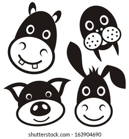 Cute black cartoon pig donkey hippo walrus faces