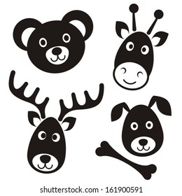 Cute black cartoon reindeer bear giraffe dog faces