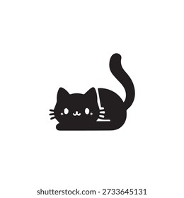 Cute black cat, adorable kitten, lying down, kawaii style, cartoon, pet, feline, playful, simple illustration, domestic animal