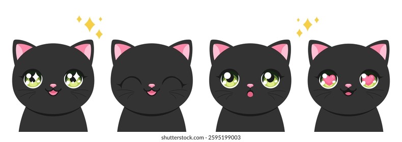 Cute black cat in anime style set. Anime cat mascot with big green eyes with sparkles. Vector illustration