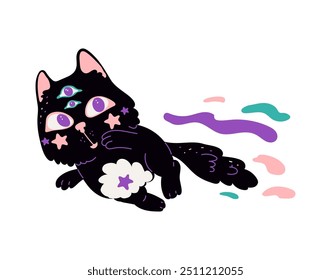 Cute black cat astronaut with eyes on forehead flying in space. Cartoon funny kitten pet cosmonaut. Fantasy adventure vector flat illustration. Cosmic feline animal with stars on body