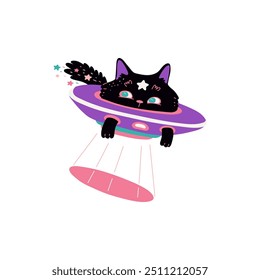 Cute black cat astronaut flies on UFO spaceship in space. Cartoon kitten cosmonaut in colorful space shuttle. Funny feline pet with stars. Fantasy universe adventure kids vector flat illustration