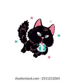 Cute black cat astronaut licks a ball of earth. Cartoon kitten cosmonaut flying with stars. Funny pet fantasy space adventure kids vector flat illustration. Cosmic feline animal character