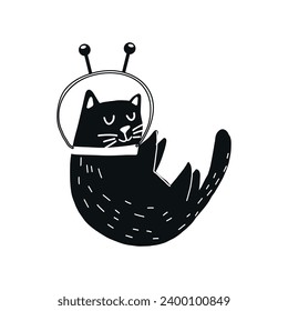 Cute black cat astronaut on a transparent background, drawn in a flat style.