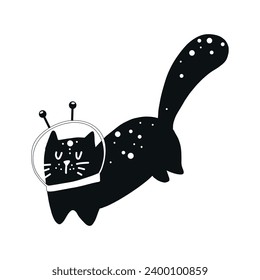 Cute black cat astronaut on a transparent background, drawn in a flat style.