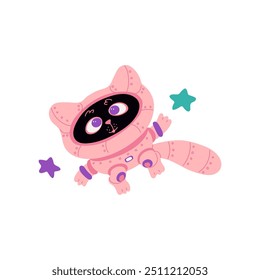 Cute black cat astronaut in pink spacesuit in space. Cartoon vector kitten cosmonaut flying with stars on white. Funny pet fantasy adventure. Cosmic feline animal character wear space suit