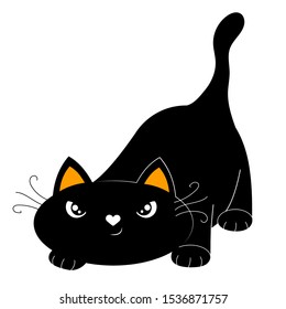Cute black cat in the attack position. Vector cartoon illustration. Isolated object on a white background.
