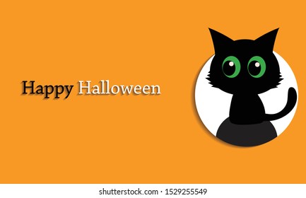A cute black cat background vector with her green eyes is looking at the writing of Happy Halloween that is next to her back. Flat Design orange background.