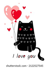 Cute gato negro con globos y corazones. Te amo la postal. Corazón divertida de gatitos y globos rojos. Dibujo manual de ilustraciones vectoriales para el Día de San Valentín, cumpleaños, aniversario. Aislado sobre un blanco.