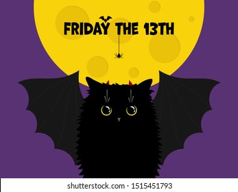 Cute black cat with bat wings on the night background with the Moon and text with spider and bat. Friday the 13th minimal flat illustration. Adorable cartoon cat with yellow eyes. Vector Illustration.