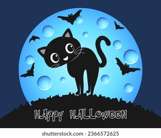 Cute black cat and bats on the background of the night moon. Halloween illustration, vector	
