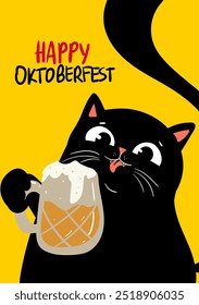 Cute black cat in bavarian style, happy oktoberfest lettering. Perfect to Octoberfest in Munich, Germany.