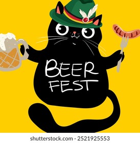 Gato preto bonito em estilo bávaro, letras oktoberfest felizes. Perfeito para Octoberfest em Munique, Alemanha