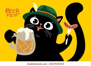 Cute black cat in bavarian style, happy oktoberfest lettering. Perfect to Octoberfest in Munich, Germany