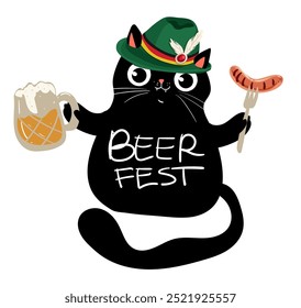 Cute black cat in bavarian style, happy oktoberfest lettering. Perfect to Octoberfest in Munich, Germany