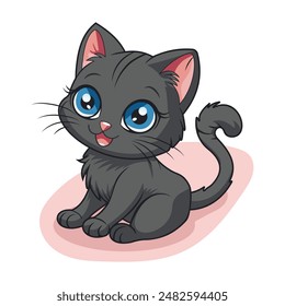Cute black cat with beautiful blue eyes. International cat day. Cartoon character in flat style. Vector illustration
