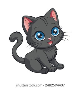 Lindo gato negro con hermosos ojos azules. Día internacional del gato. Personaje de dibujos animados en estilo plano. Ilustración vectorial