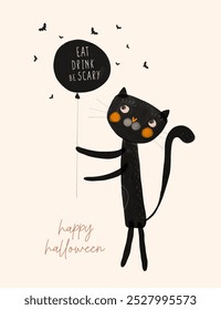 Gato negro lindo con el globo negro grande con "Come, bebe, da miedo" y murciélagos voladores. Tarjeta divertida del Vector de Halloween. Estampado de Halloween con divertido gatito dibujado a mano y murciélagos negros sobre un fondo beige. RGB.