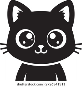 Gato preto bonito com grandes olhos expressivos, uma ilustração charmosa e brincalhona de desenhos animados isolada no fundo branco