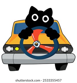 Cute black cat big eye driving a yellow retro car