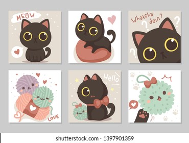 Cute black cat big eyes, with fluffy pom pom toy meow! Set of square gift tag, card, badge. Suspicious, lovely and funny tiny cat. Whatcha doin? Vector illustration.
