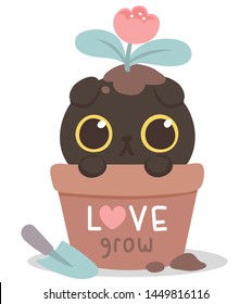 Cute black cat big eyes, in fish bowl. Puss in flowerpot.Love grow. Lovely, funny, so naughty. Gift tag, card, postcard, printing. Vector illustration.

