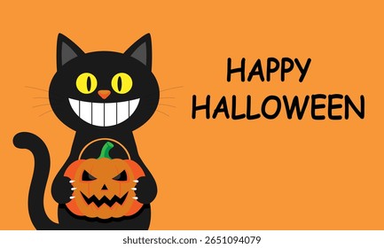 Cute black cat with big yellow eyes and sharp smile holding a carved pumpkin basket, with Happy Halloween text on orange background