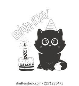 Cute gato negro con personaje de dibujos animados vectores de pastel de cumpleaños aislado en un fondo blanco.