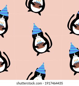 Cute black cat in a blue cap and chocolate birthday cake with candles. Birthday seamless pattern. 